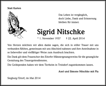Anzeige von Sigrid Nitschke von Kölner Stadt-Anzeiger / Kölnische Rundschau / Express