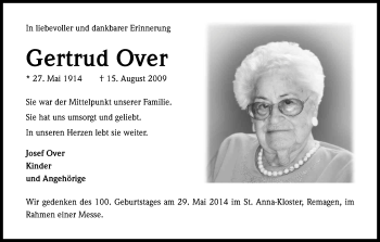 Anzeige von Gertrud Over von Kölner Stadt-Anzeiger / Kölnische Rundschau / Express