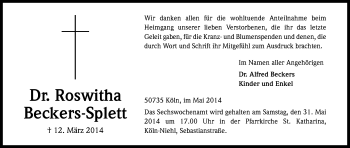 Anzeige von Roswitha Beckers-Splett von Kölner Stadt-Anzeiger / Kölnische Rundschau / Express