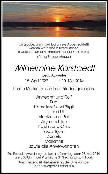 Anzeige von Wilhelmine Karstaedt von Kölner Stadt-Anzeiger / Kölnische Rundschau / Express