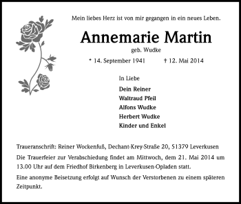Anzeige von Annemarie Martin von Kölner Stadt-Anzeiger / Kölnische Rundschau / Express