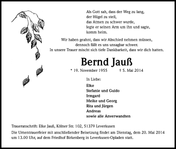 Anzeige von Bernd Jauß von Kölner Stadt-Anzeiger / Kölnische Rundschau / Express