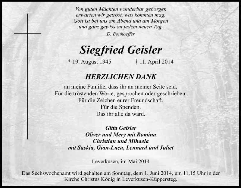  Traueranzeige für Siegfried Geisler vom 17.05.2014 aus Kölner Stadt-Anzeiger / Kölnische Rundschau / Express