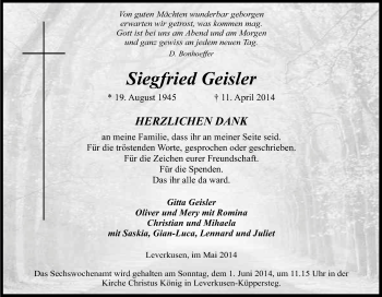 Anzeige von Siegfried Geisler von Kölner Stadt-Anzeiger / Kölnische Rundschau / Express