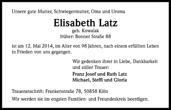 Anzeige von Elisabeth Latz von Kölner Stadt-Anzeiger / Kölnische Rundschau / Express