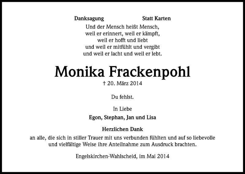  Traueranzeige für Monika Frackenpohl vom 17.05.2014 aus Kölner Stadt-Anzeiger / Kölnische Rundschau / Express