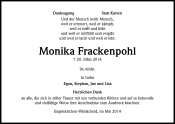 Anzeige von Monika Frackenpohl von Kölner Stadt-Anzeiger / Kölnische Rundschau / Express