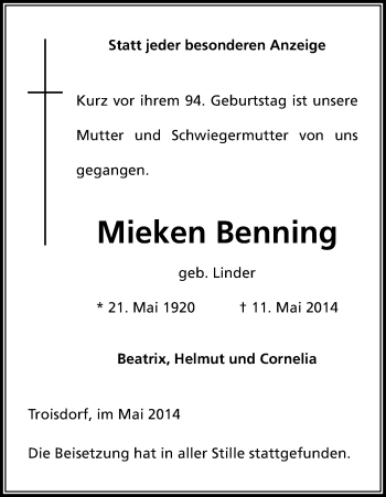 Anzeige von Mieken Benning von Kölner Stadt-Anzeiger / Kölnische Rundschau / Express