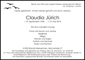 Anzeige von Claudia Jürich von Kölner Stadt-Anzeiger / Kölnische Rundschau / Express