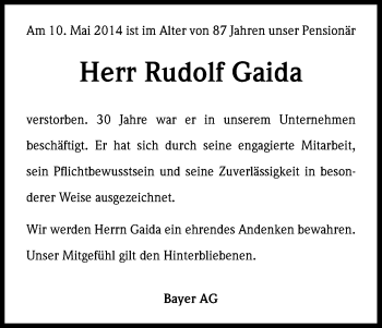 Anzeige von Rudolf Gaida von Kölner Stadt-Anzeiger / Kölnische Rundschau / Express