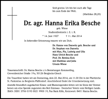 Anzeige von Hanna Erika Besche von Kölner Stadt-Anzeiger / Kölnische Rundschau / Express