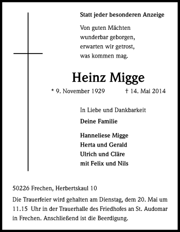 Anzeige von Heinz Migge von Kölner Stadt-Anzeiger / Kölnische Rundschau / Express