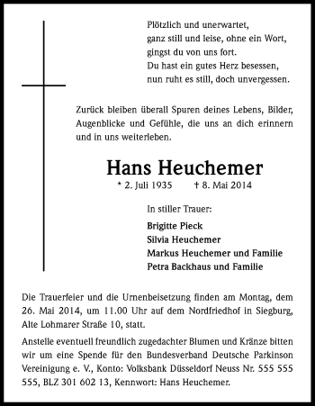 Anzeige von Hans Heuchemer von Kölner Stadt-Anzeiger / Kölnische Rundschau / Express
