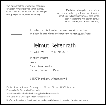 Anzeige von Helmut Reifenrath von Kölner Stadt-Anzeiger / Kölnische Rundschau / Express