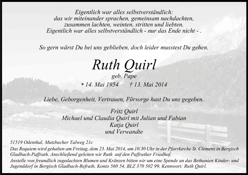  Traueranzeige für Ruth Quirl vom 17.05.2014 aus Kölner Stadt-Anzeiger / Kölnische Rundschau / Express