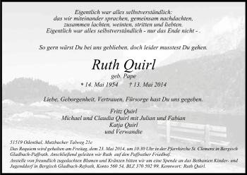 Anzeige von Ruth Quirl von Kölner Stadt-Anzeiger / Kölnische Rundschau / Express