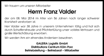 Anzeige von Franz Valder von Kölner Stadt-Anzeiger / Kölnische Rundschau / Express