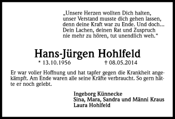 Anzeige von Hans-Jürgen Hohlfeld von Kölner Stadt-Anzeiger / Kölnische Rundschau / Express