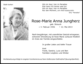 Anzeige von Rose-Marie Anna Jungherz von Kölner Stadt-Anzeiger / Kölnische Rundschau / Express