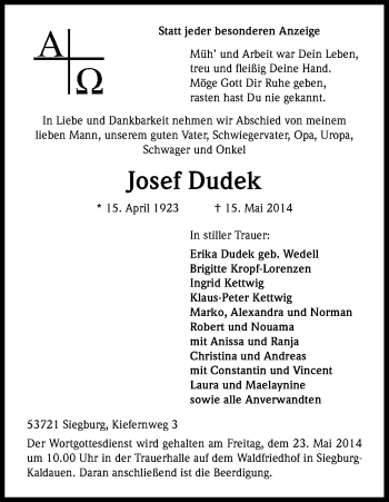 Anzeige von Josef Dudek von Kölner Stadt-Anzeiger / Kölnische Rundschau / Express