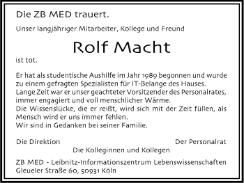 Anzeige von Rolf Macht von Kölner Stadt-Anzeiger / Kölnische Rundschau / Express