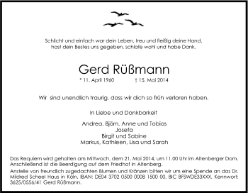 Anzeige von Gerd Rüßmann von Kölner Stadt-Anzeiger / Kölnische Rundschau / Express