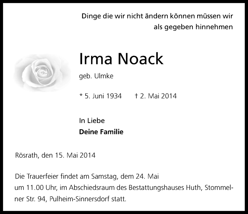  Traueranzeige für Irma Noack vom 17.05.2014 aus Kölner Stadt-Anzeiger / Kölnische Rundschau / Express