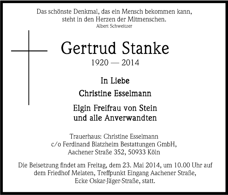  Traueranzeige für Gertrud Stanke vom 17.05.2014 aus Kölner Stadt-Anzeiger / Kölnische Rundschau / Express