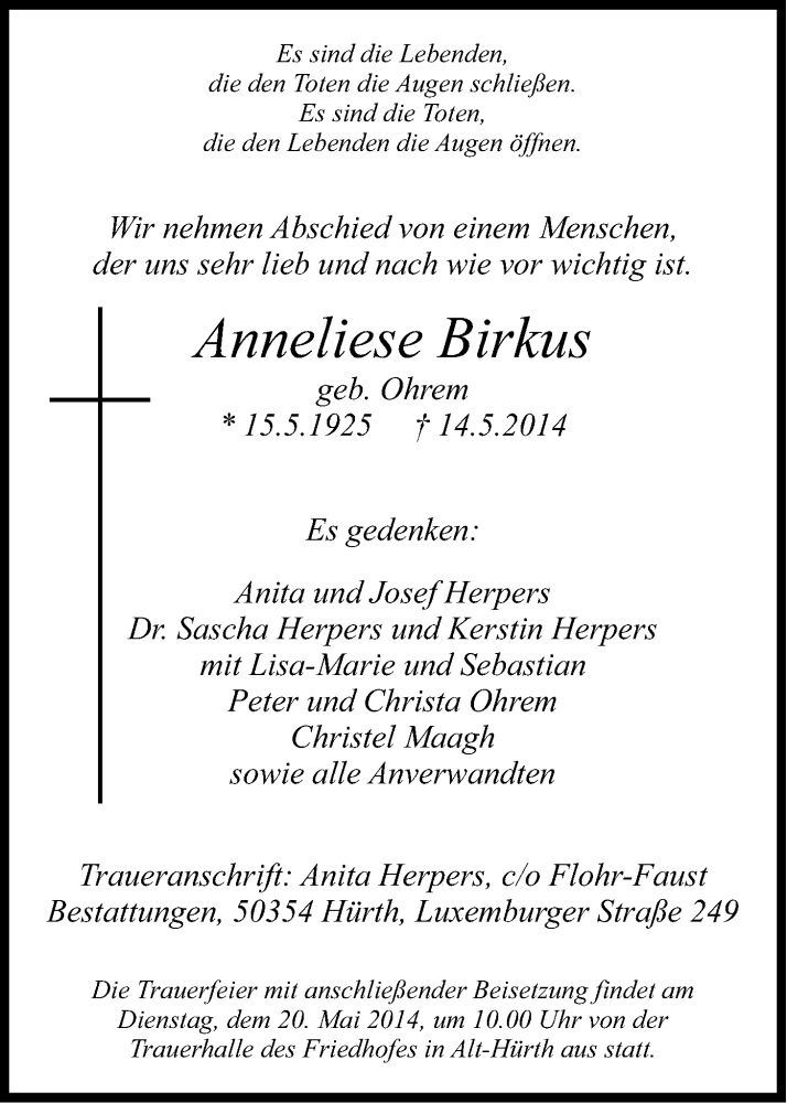  Traueranzeige für Anneliese Birkus vom 17.05.2014 aus Kölner Stadt-Anzeiger / Kölnische Rundschau / Express