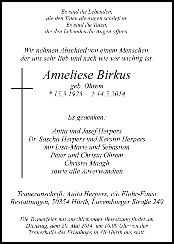 Anzeige von Anneliese Birkus von Kölner Stadt-Anzeiger / Kölnische Rundschau / Express
