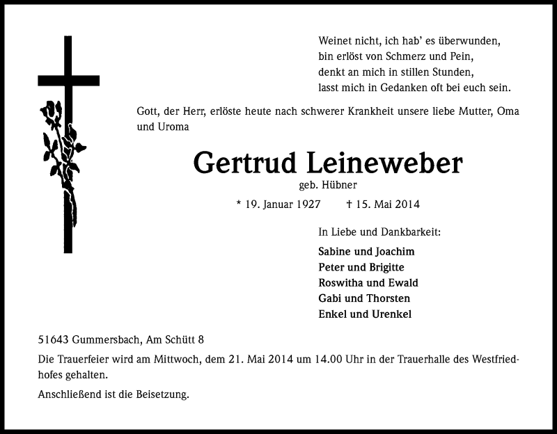 Traueranzeige für Gertrud Leineweber vom 17.05.2014 aus Kölner Stadt-Anzeiger / Kölnische Rundschau / Express