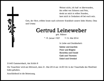 Anzeige von Gertrud Leineweber von Kölner Stadt-Anzeiger / Kölnische Rundschau / Express