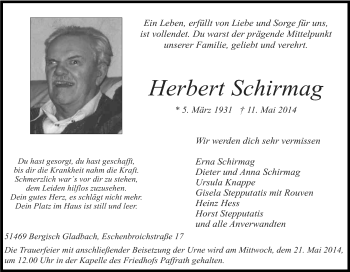 Anzeige von Herbert Schirmag von Kölner Stadt-Anzeiger / Kölnische Rundschau / Express