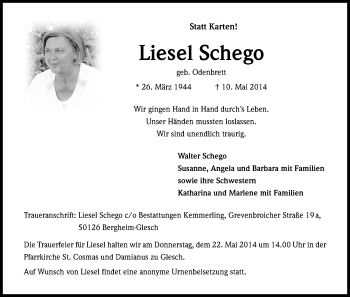 Anzeige von Liesel Schego von Kölner Stadt-Anzeiger / Kölnische Rundschau / Express