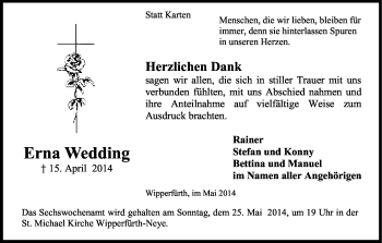 Anzeige von Erna Wedding von Kölner Stadt-Anzeiger / Kölnische Rundschau / Express