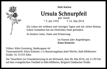 Anzeige von Ursula Schnurpfeil von Kölner Stadt-Anzeiger / Kölnische Rundschau / Express