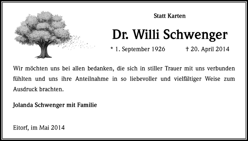 Traueranzeige für Willi Schwenger vom 24.05.2014 aus Kölner Stadt-Anzeiger / Kölnische Rundschau / Express