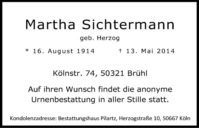  Traueranzeige für Martha Sichtermann vom 17.05.2014 aus Kölner Stadt-Anzeiger / Kölnische Rundschau / Express