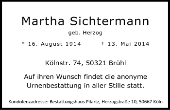 Anzeige von Martha Sichtermann von Kölner Stadt-Anzeiger / Kölnische Rundschau / Express