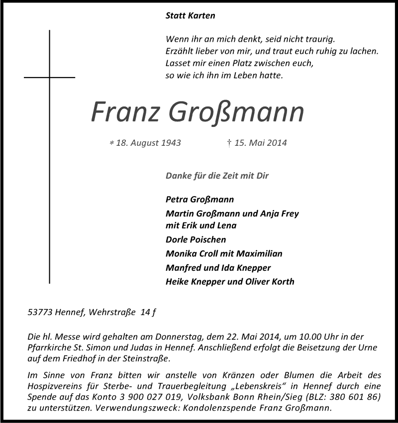  Traueranzeige für Franz Großmann vom 17.05.2014 aus Kölner Stadt-Anzeiger / Kölnische Rundschau / Express