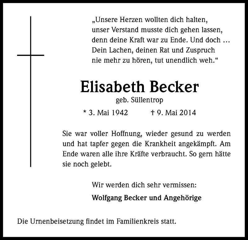  Traueranzeige für Elisabeth Becker vom 17.05.2014 aus Kölner Stadt-Anzeiger / Kölnische Rundschau / Express