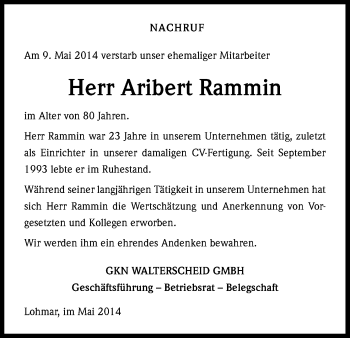 Anzeige von Aribert Rammin von Kölner Stadt-Anzeiger / Kölnische Rundschau / Express