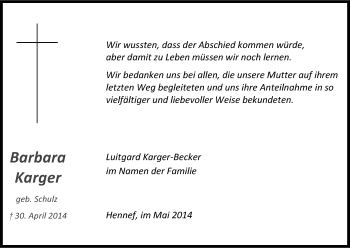 Anzeige von Barbara Karger von Kölner Stadt-Anzeiger / Kölnische Rundschau / Express