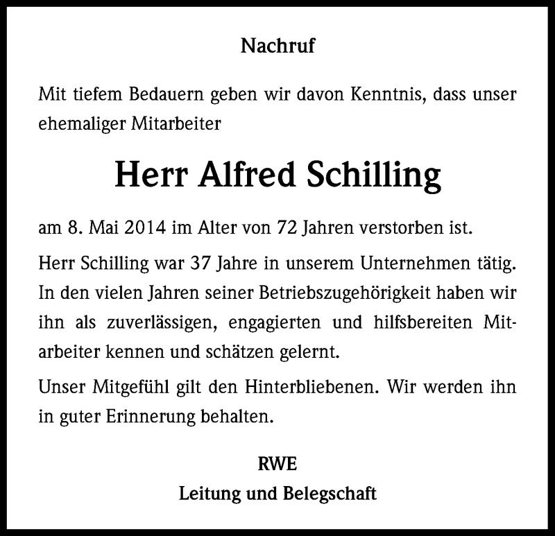  Traueranzeige für Alfred Schilling vom 19.05.2014 aus Kölner Stadt-Anzeiger / Kölnische Rundschau / Express