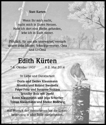 Anzeige von Edith Kürten von Kölner Stadt-Anzeiger / Kölnische Rundschau / Express