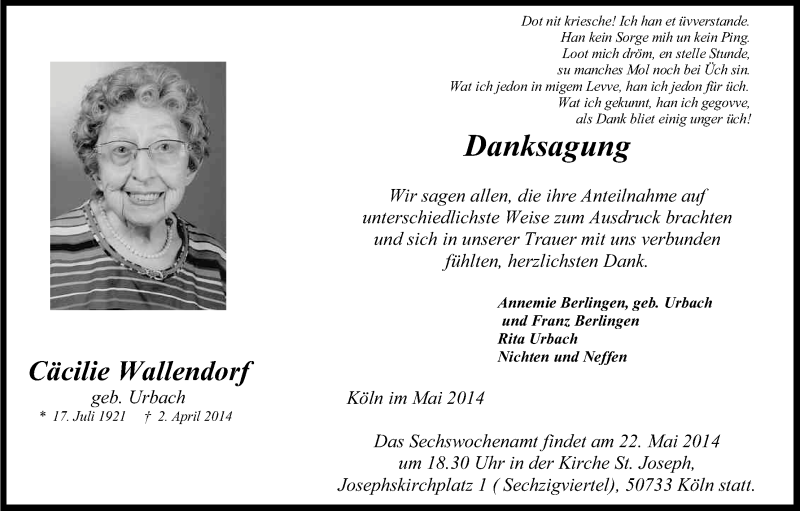  Traueranzeige für Cäcilie Wallendorf vom 17.05.2014 aus Kölner Stadt-Anzeiger / Kölnische Rundschau / Express