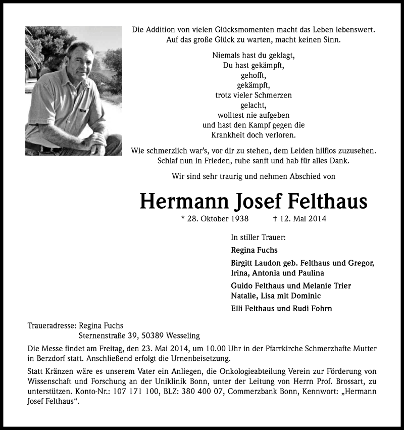  Traueranzeige für Hermann Josef Felthaus vom 19.05.2014 aus Kölner Stadt-Anzeiger / Kölnische Rundschau / Express