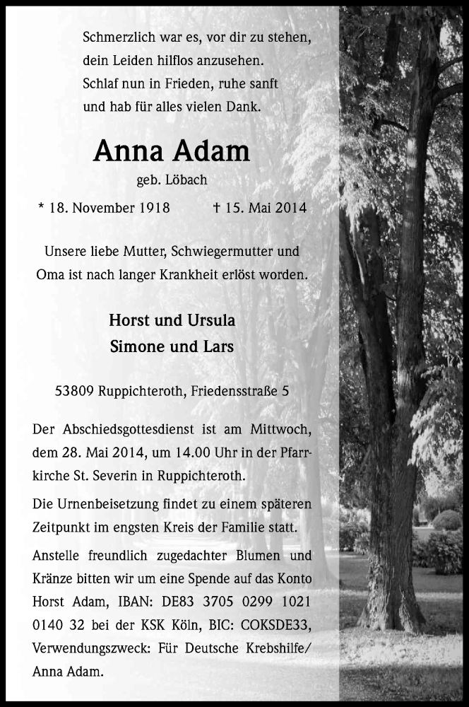  Traueranzeige für Anna Adam vom 20.05.2014 aus Kölner Stadt-Anzeiger / Kölnische Rundschau / Express