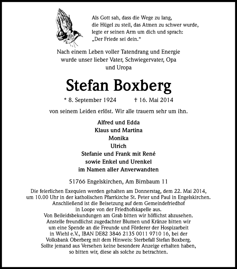  Traueranzeige für Stefan Boxberg vom 19.05.2014 aus Kölner Stadt-Anzeiger / Kölnische Rundschau / Express