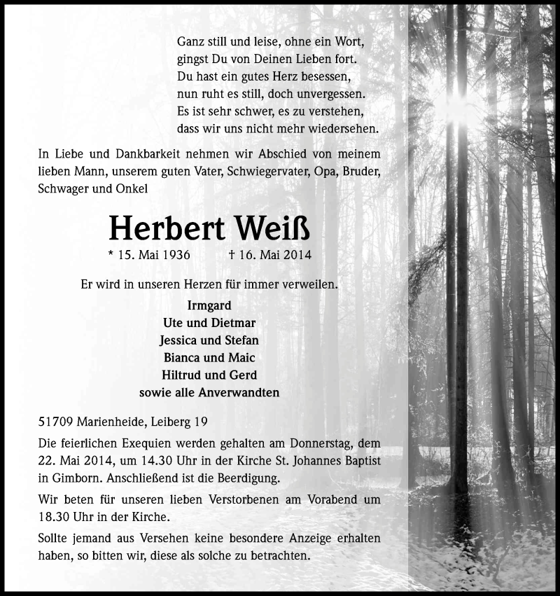  Traueranzeige für Herbert Weiß vom 19.05.2014 aus Kölner Stadt-Anzeiger / Kölnische Rundschau / Express
